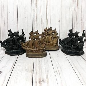 Vintage Pirate Ships Bronze Metal Cast Iron Bookends Doorstopper Set of 4
